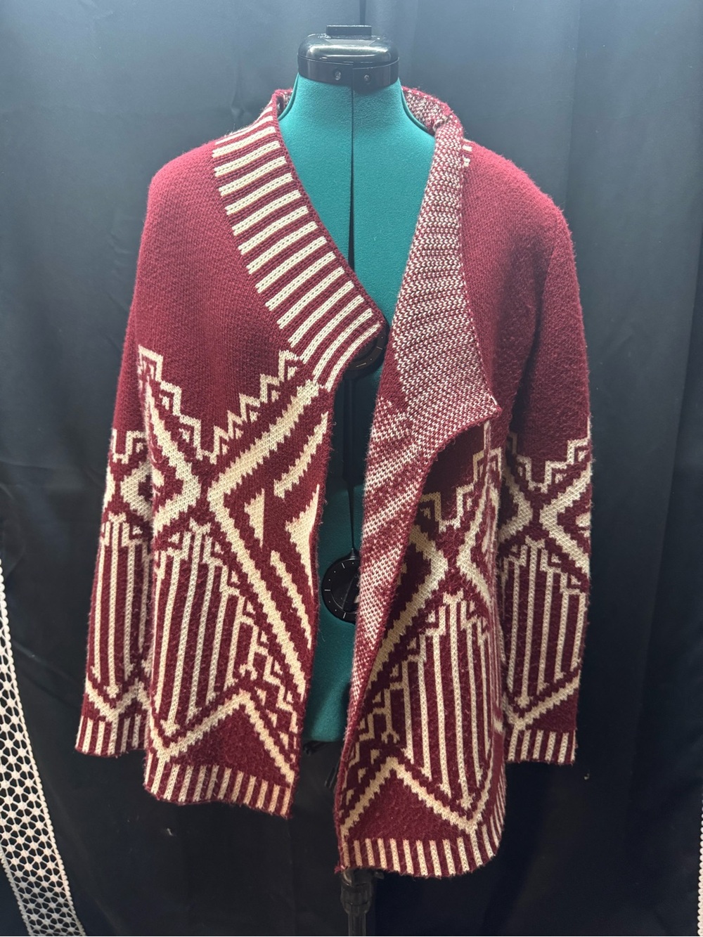 Blu Pepper Maroon and Cream Geometric Open-Front Cardigan